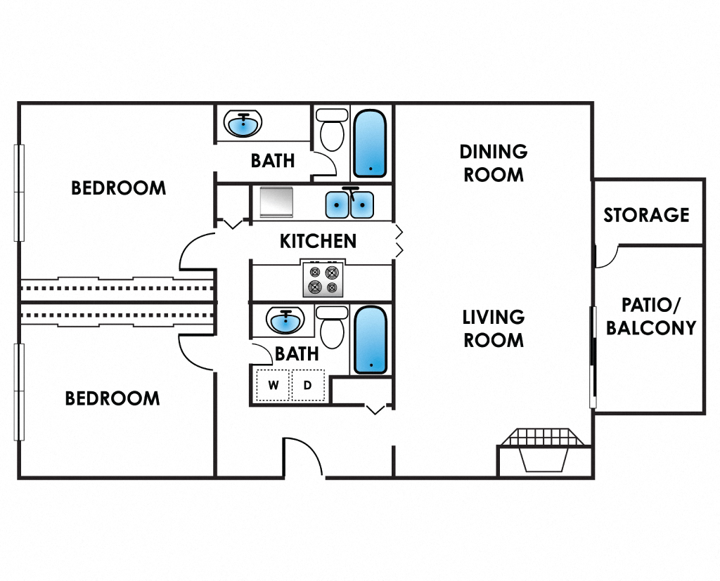Floor plan for 2 beds, 2 baths, 1169 sqft